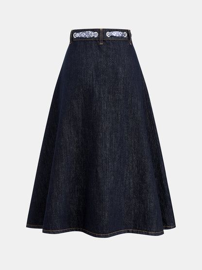 Fular Desenli Bağlama Detaylı Denim Midi Etek