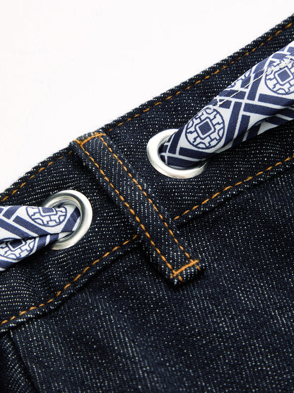 Fular Desenli Bağlama Detaylı Denim Midi Etek