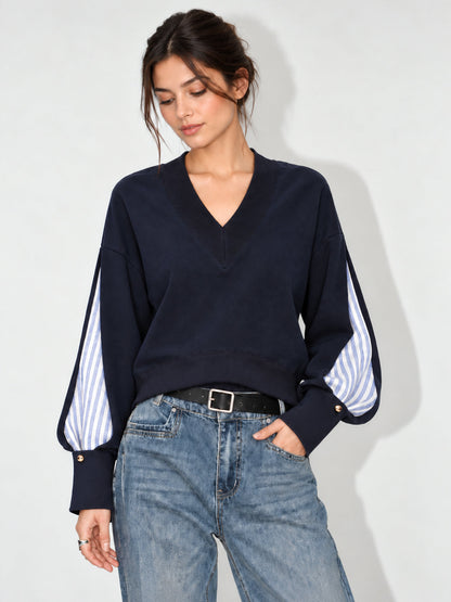 Çizgili Kollu Parçalı V Yaka Sweatshirt