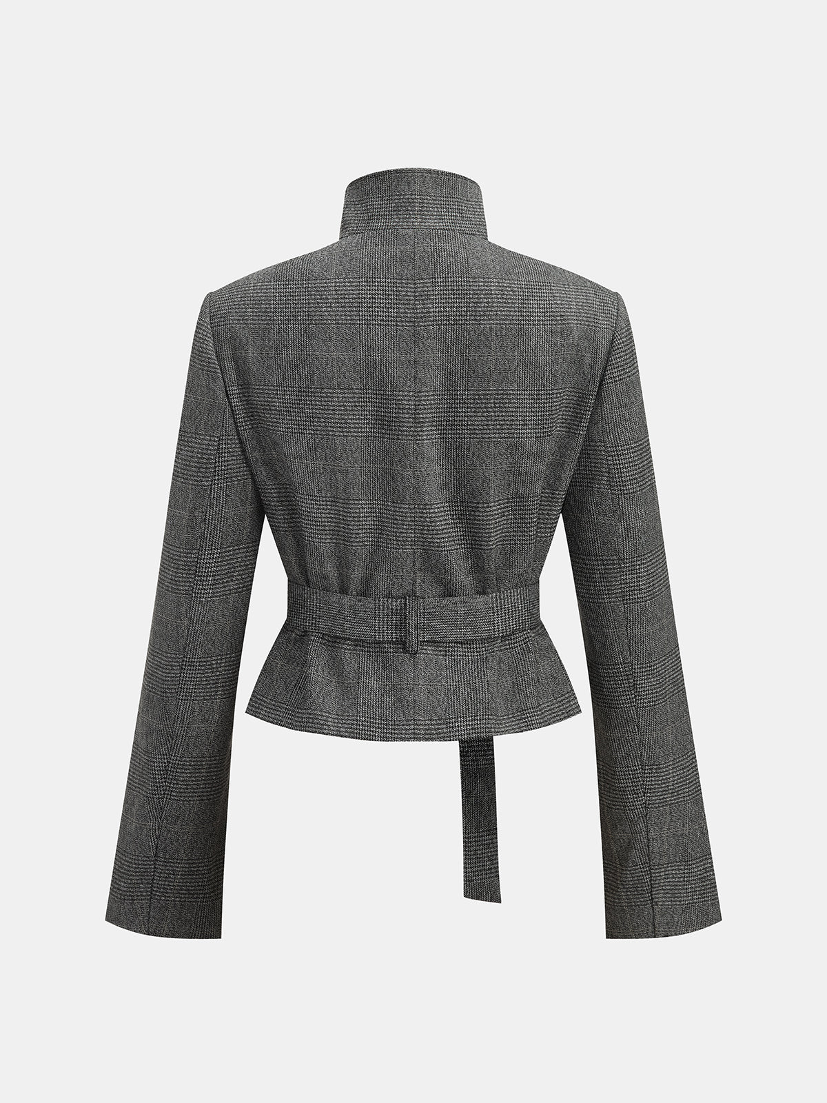 Ekose Desenli Kemerli Kısa Blazer Ceket