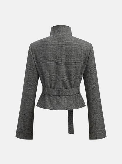 Ekose Desenli Kemerli Kısa Blazer Ceket