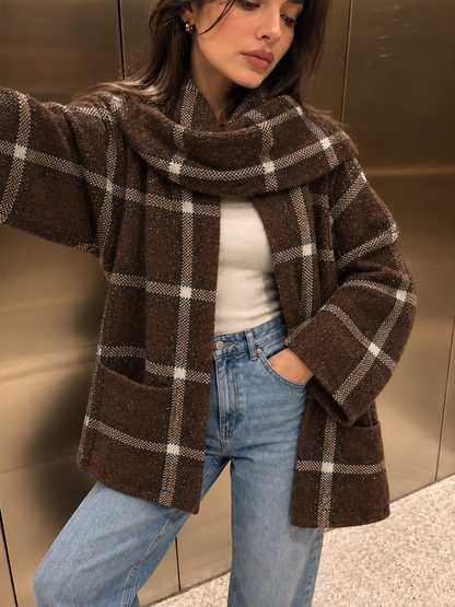 Oversize Fular Yakalı Ekose Kaban