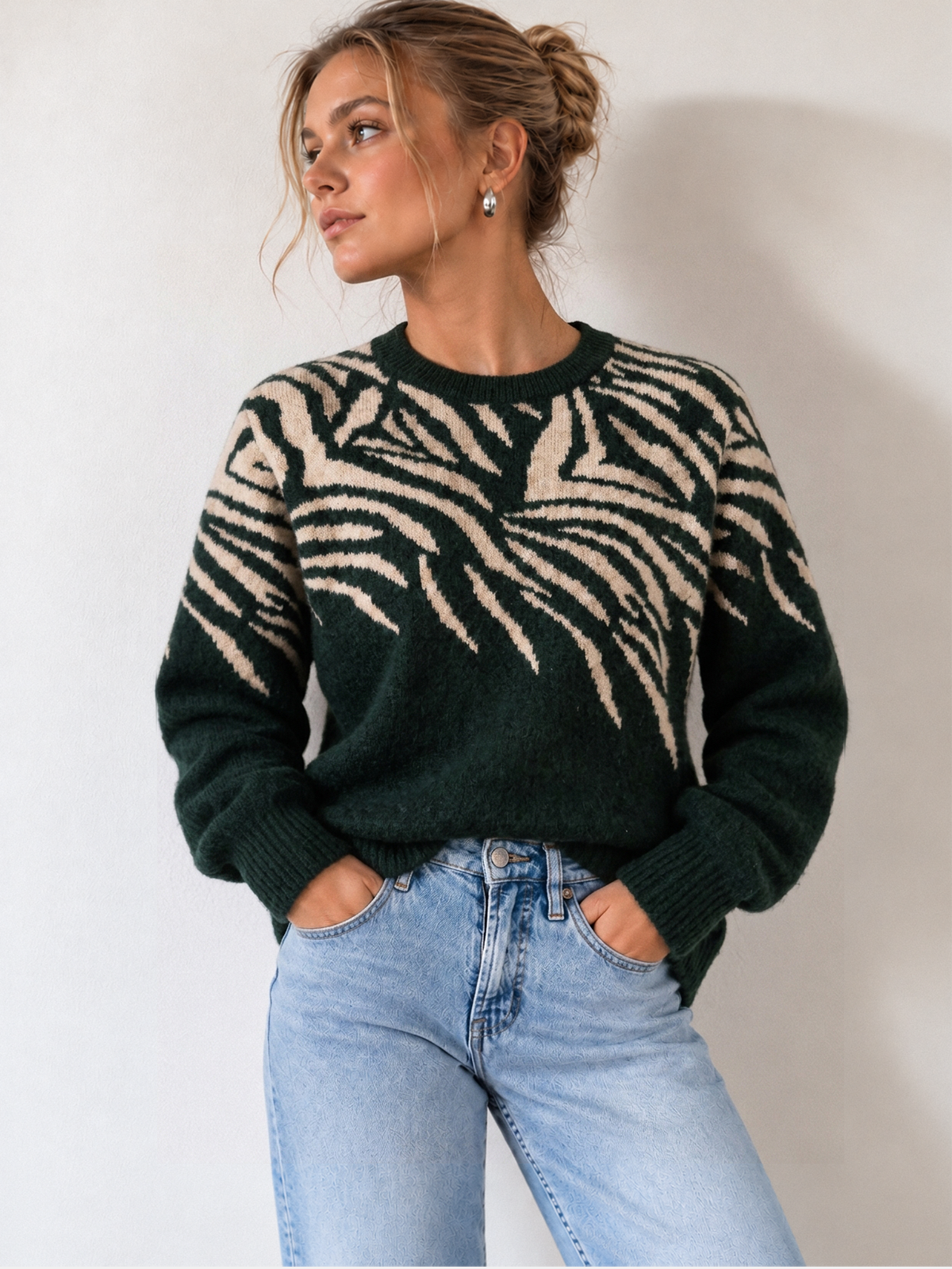 Zebra Desenli Bisiklet Yaka Triko Kazak
