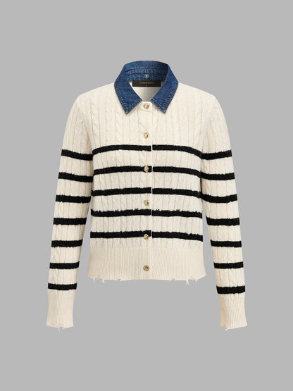 Denim Yakalı Çizgili Saç Örgü Hırka