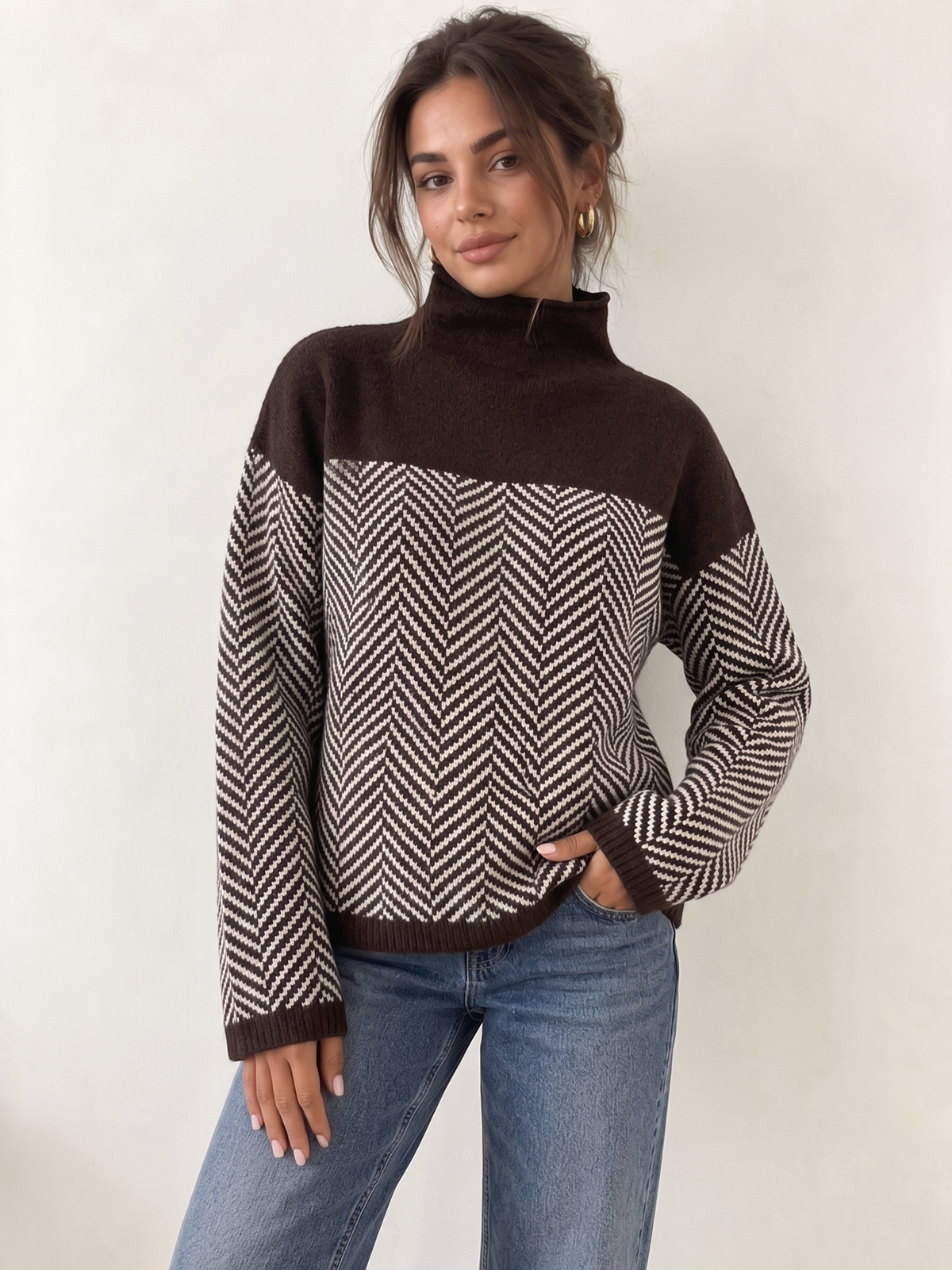 Renk Bloklu Balıksırtı Desenli Yarım Balıkçı Kazak