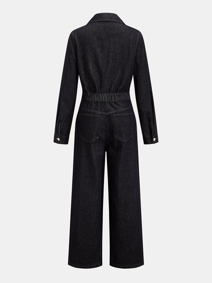 Önden Düğmeli Yakalı Denim Tulum