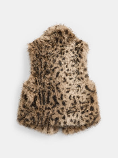 Tokalı Leopar Desenli Suni Kürk Yelek
