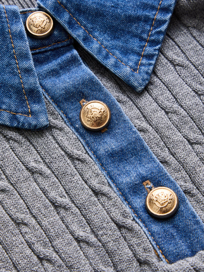 Denim Yakalı Saç Örgüsü Desenli Triko Üst