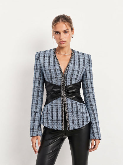 Tüvit ve Suni Deri Bel Detaylı Blazer Ceket