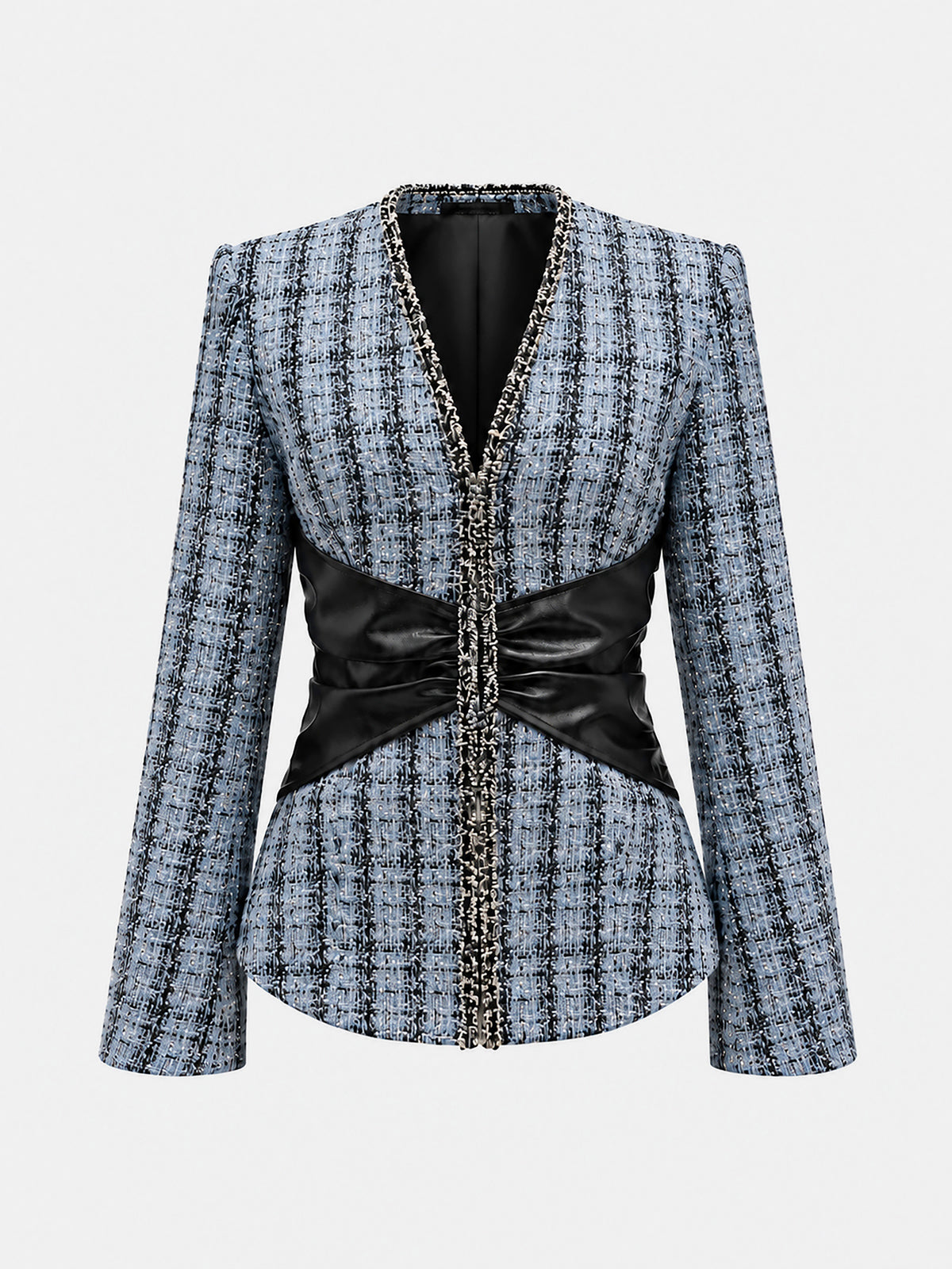 Tüvit ve Suni Deri Bel Detaylı Blazer Ceket