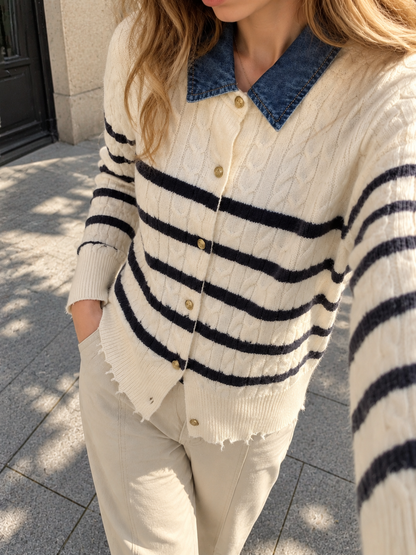 Denim Yakalı Çizgili Saç Örgü Hırka