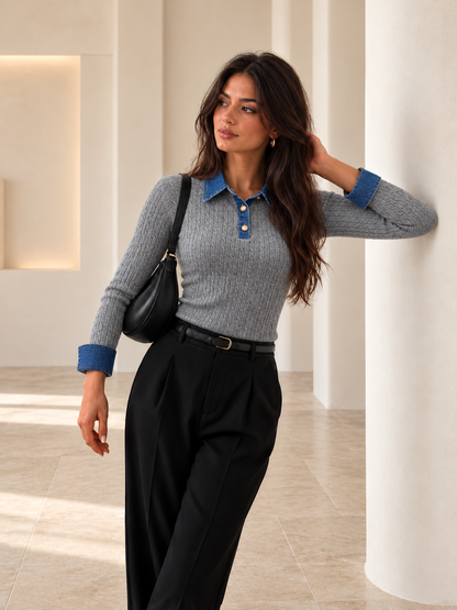 Denim Yakalı Saç Örgüsü Desenli Triko Üst