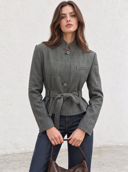 Ekose Desenli Kemerli Kısa Blazer Ceket