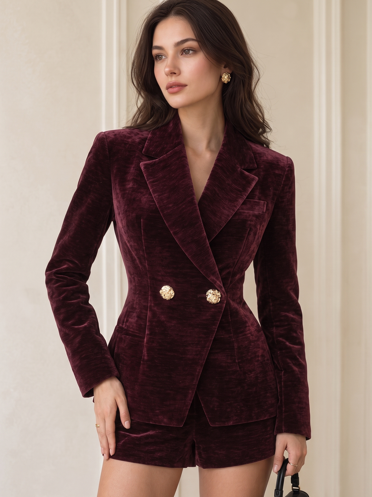 Kruvaze Kadife Blazer Ceket ve Şort Takımı