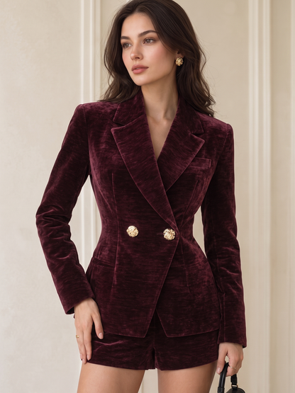 Kruvaze Kadife Blazer Ceket ve Şort Takımı