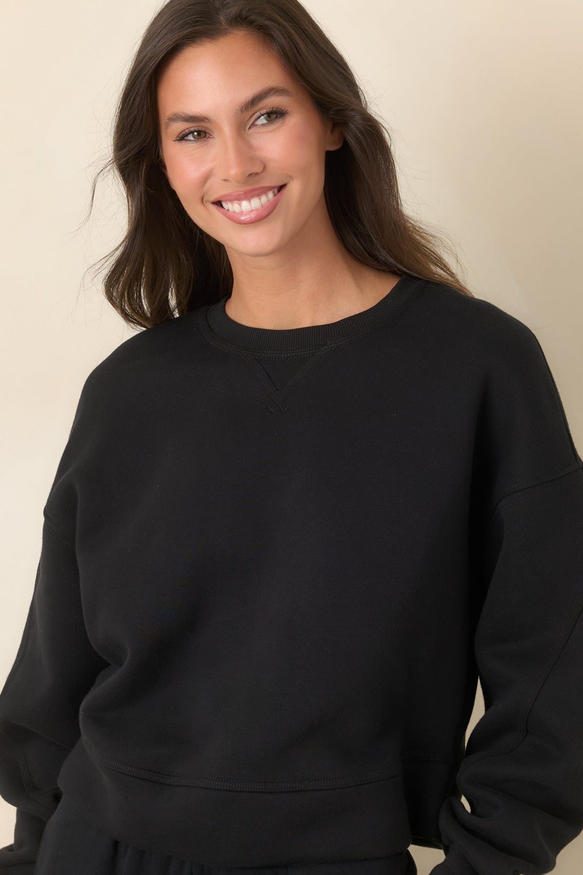 Siyah Pamuk Karışımlı Bisiklet Yaka Sweatshirt