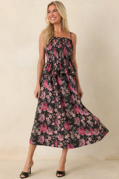 Siyah Pembe Çiçekli Pilili Peplum Pamuklu Midi Elbise