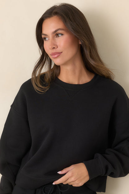 Siyah Pamuk Karışımlı Bisiklet Yaka Sweatshirt