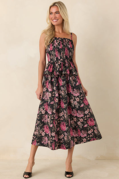 Siyah Pembe Çiçekli Pilili Peplum Pamuklu Midi Elbise