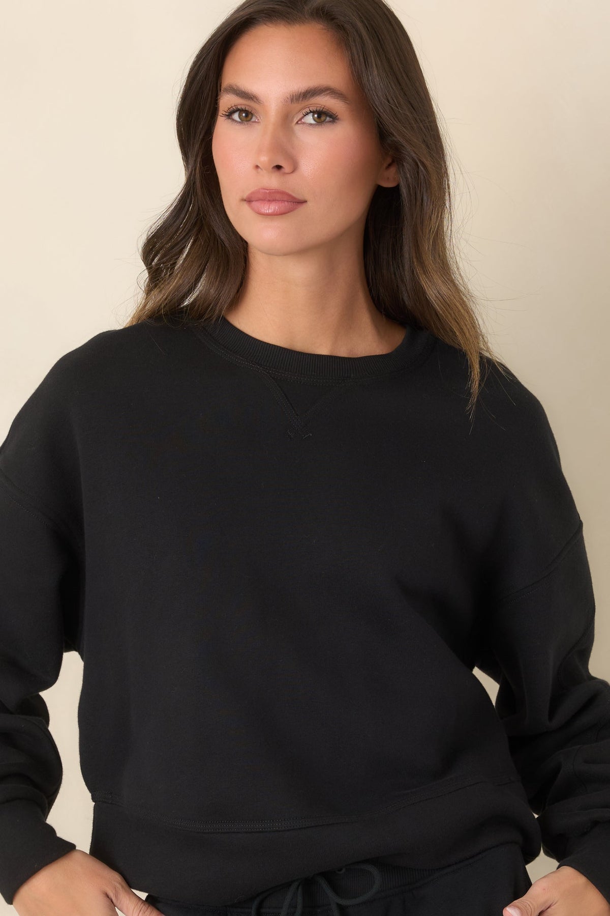 Siyah Pamuk Karışımlı Bisiklet Yaka Sweatshirt