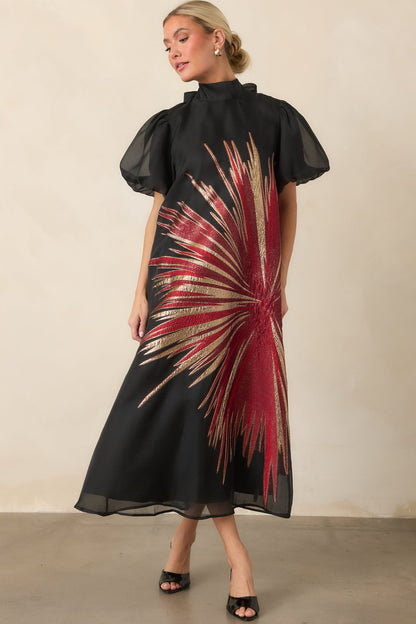 Siyah Kırmızı Metalik Işın Desenli Midi Elbise