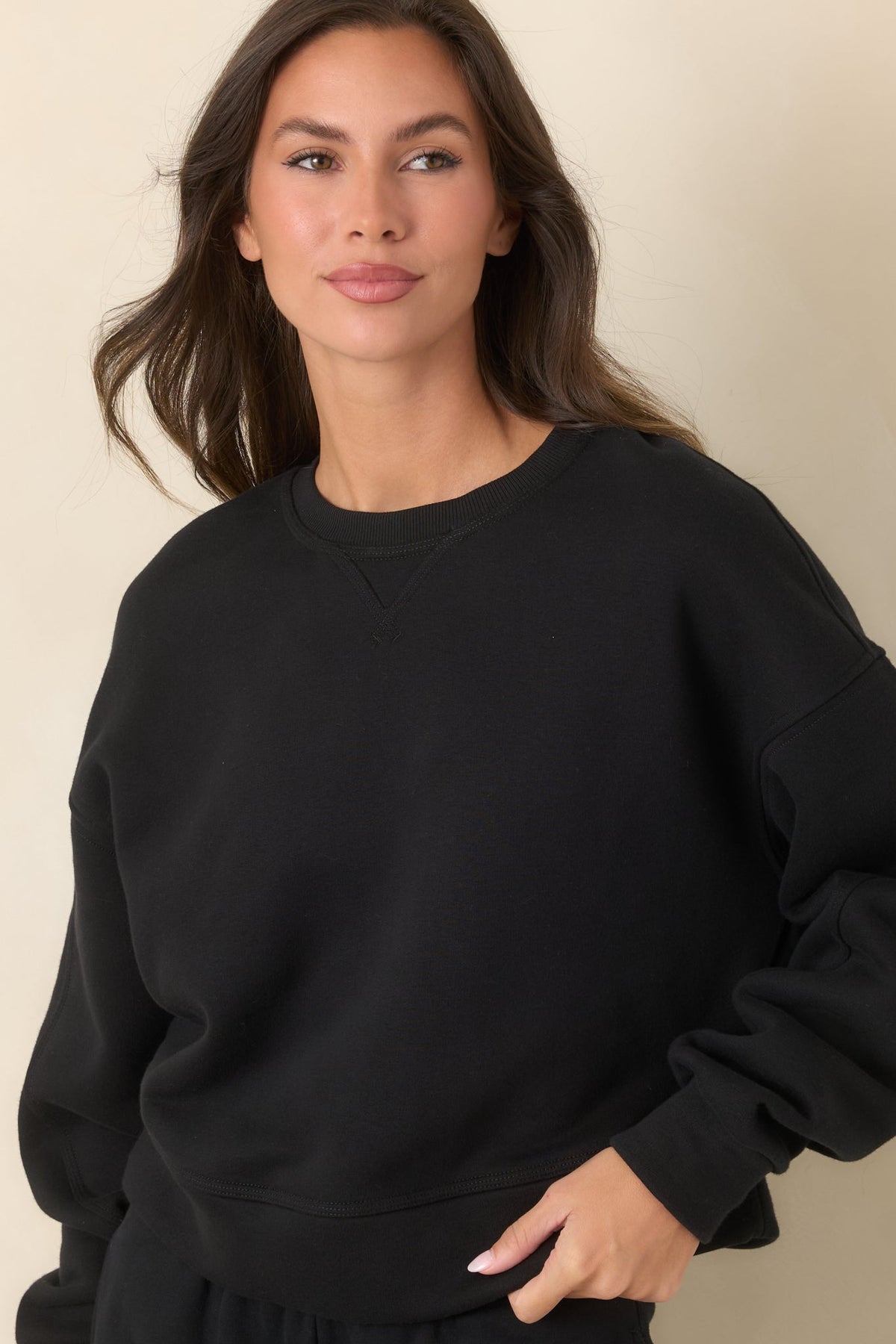 Siyah Pamuk Karışımlı Bisiklet Yaka Sweatshirt