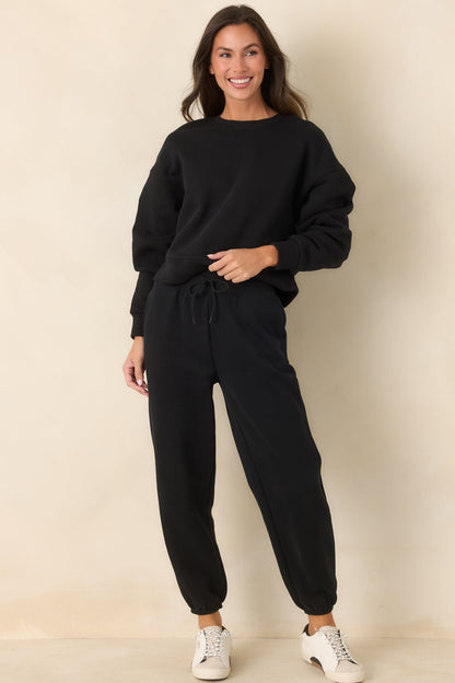 Siyah Pamuk Karışımlı Bisiklet Yaka Sweatshirt
