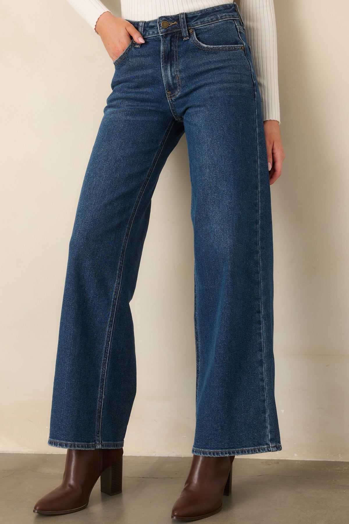 Koyu Mavi Yüksek Bel Bol Paça Denim Jean