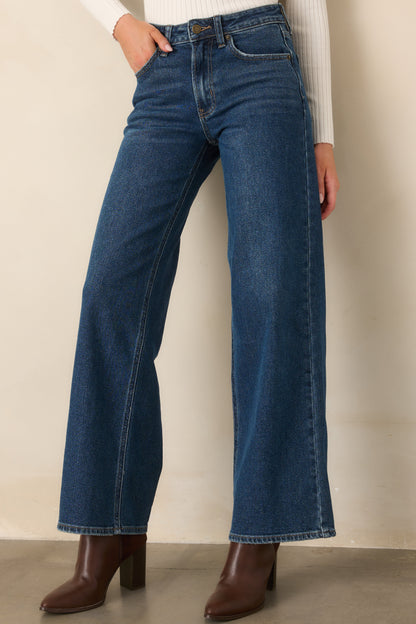 Koyu Mavi Yüksek Bel Bol Paça Denim Jean