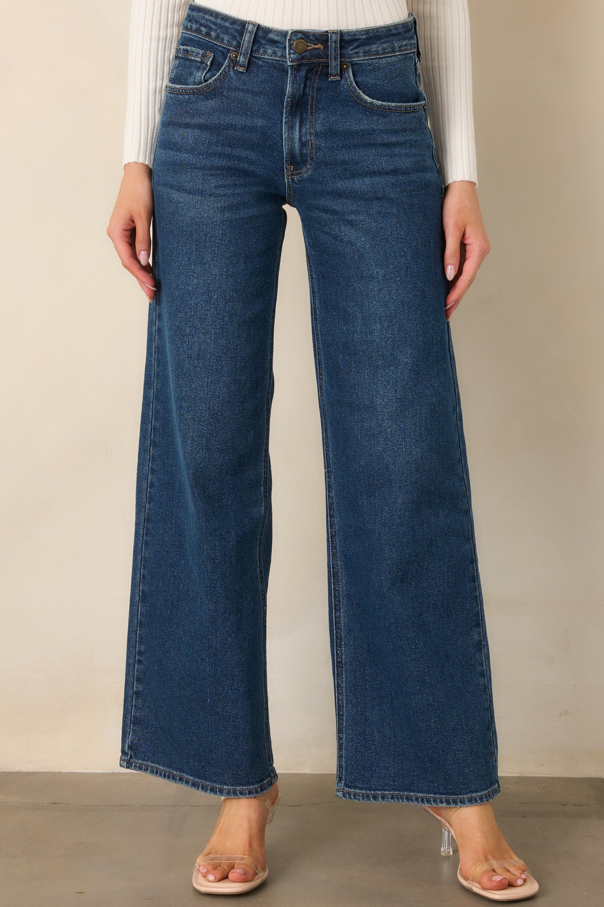 Koyu Mavi Yüksek Bel Bol Paça Denim Jean