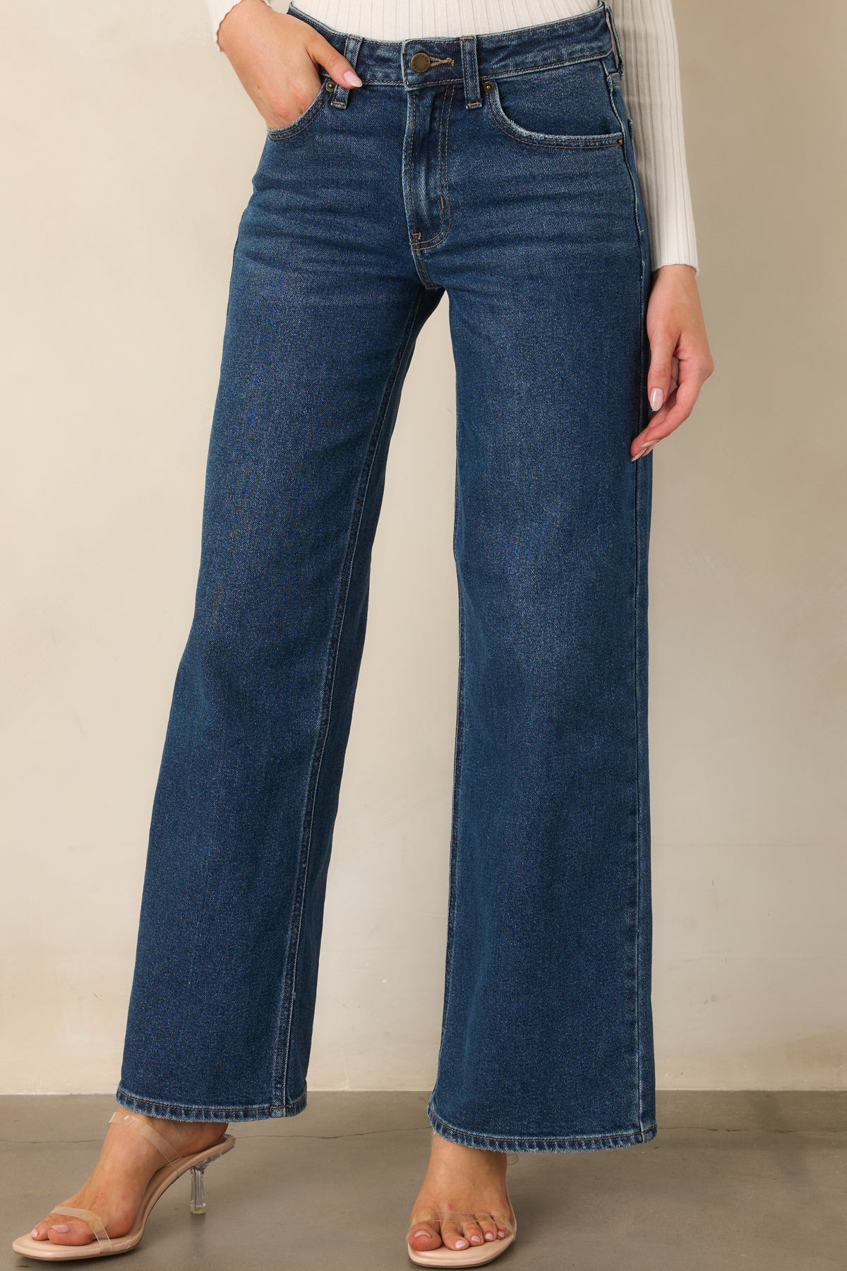 Koyu Mavi Yüksek Bel Bol Paça Denim Jean