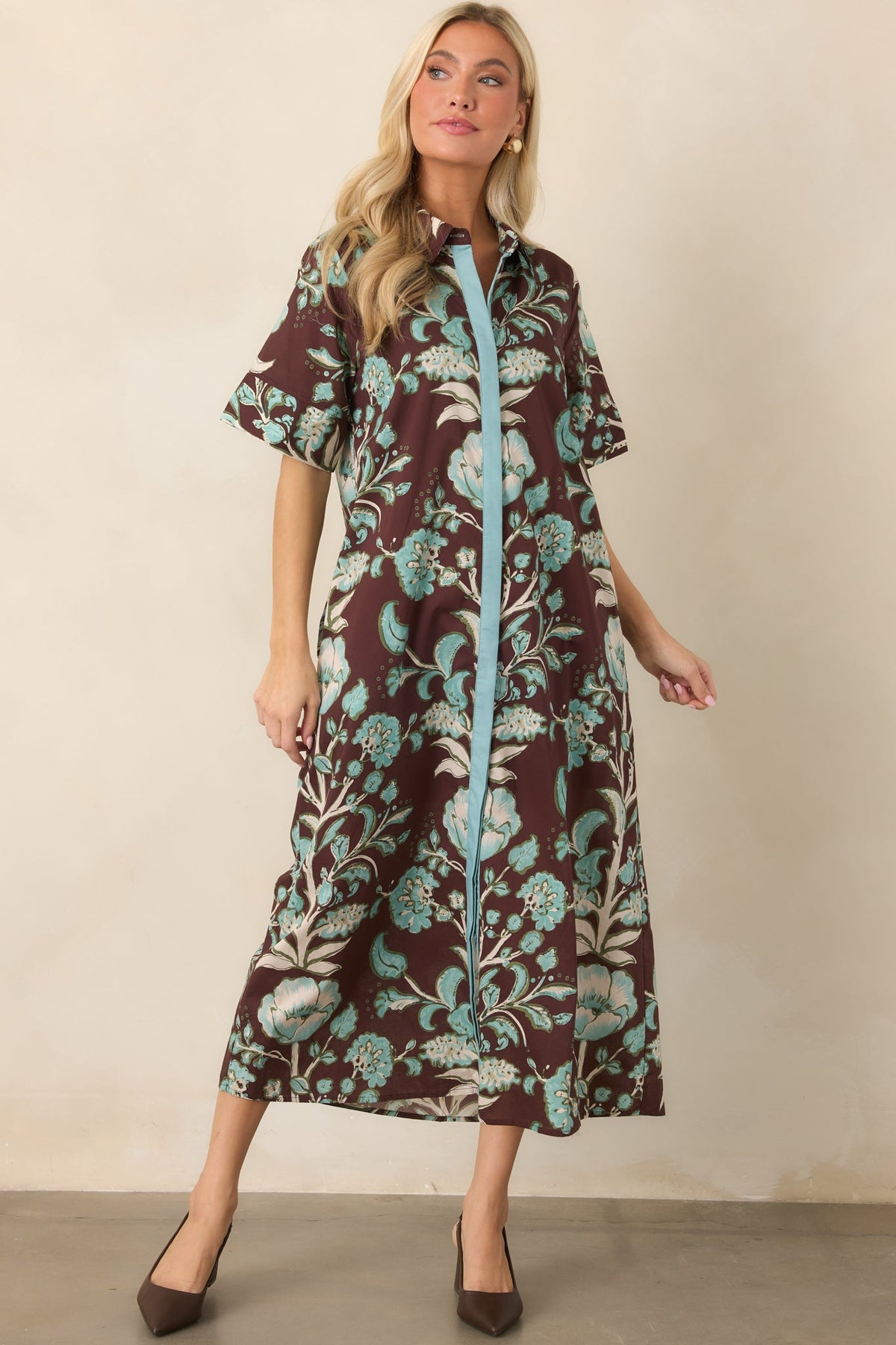 Kahverengi Turkuaz Çiçek Desenli Pamuk Midi Elbise