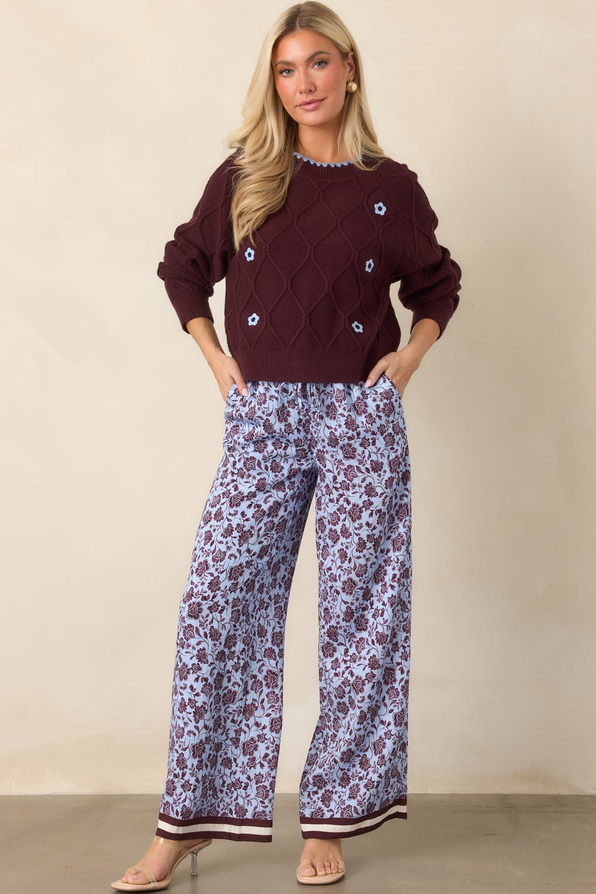 Lila Bordo Çiçek Desenli Bol Paça Pantolon