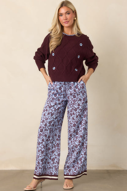 Lila Bordo Çiçek Desenli Bol Paça Pantolon