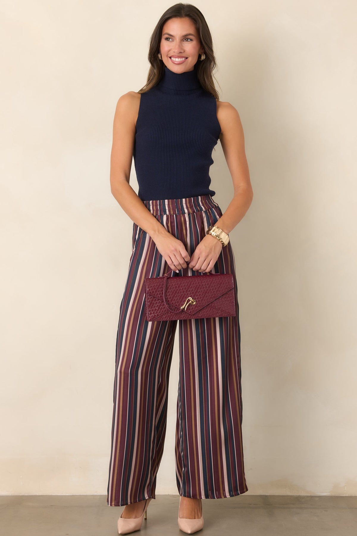 Bordo Lacivert Çizgili Bol Paça Saten Pantolon
