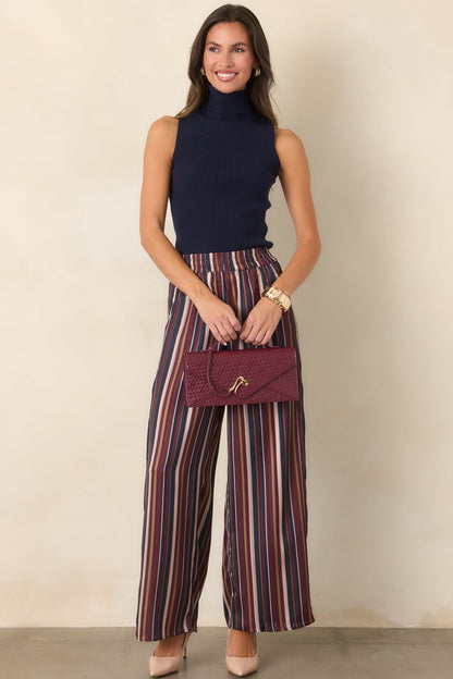 Bordo Lacivert Çizgili Bol Paça Saten Pantolon