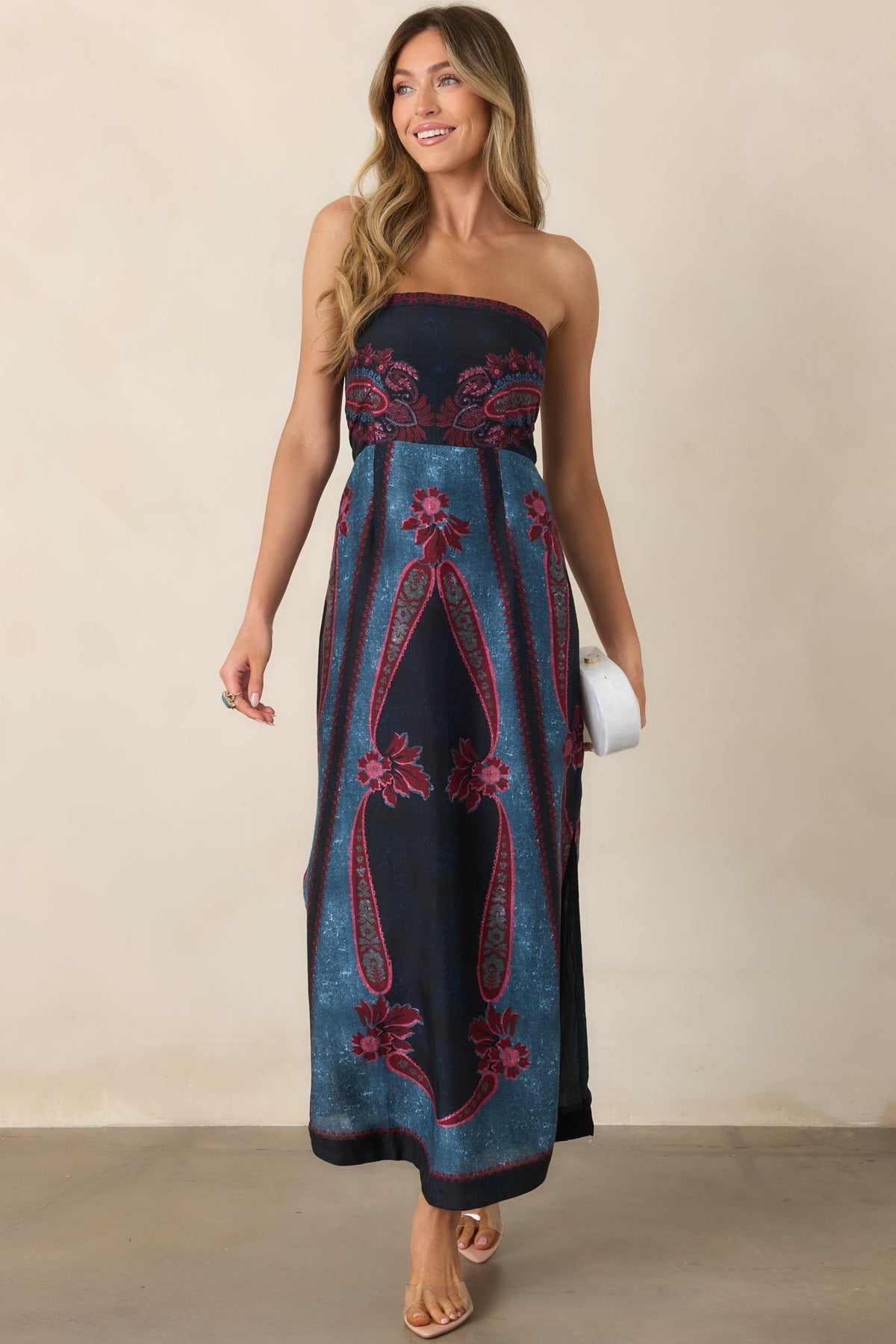 Lacivert Bordo Desenli Straplez Midi Elbise