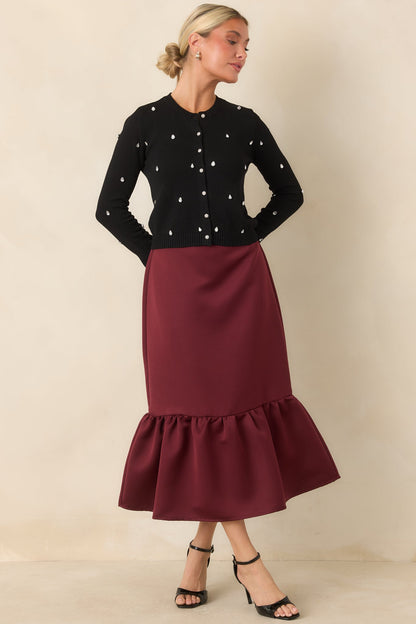 Bordo Saten Volan Uçlu Midi Etek
