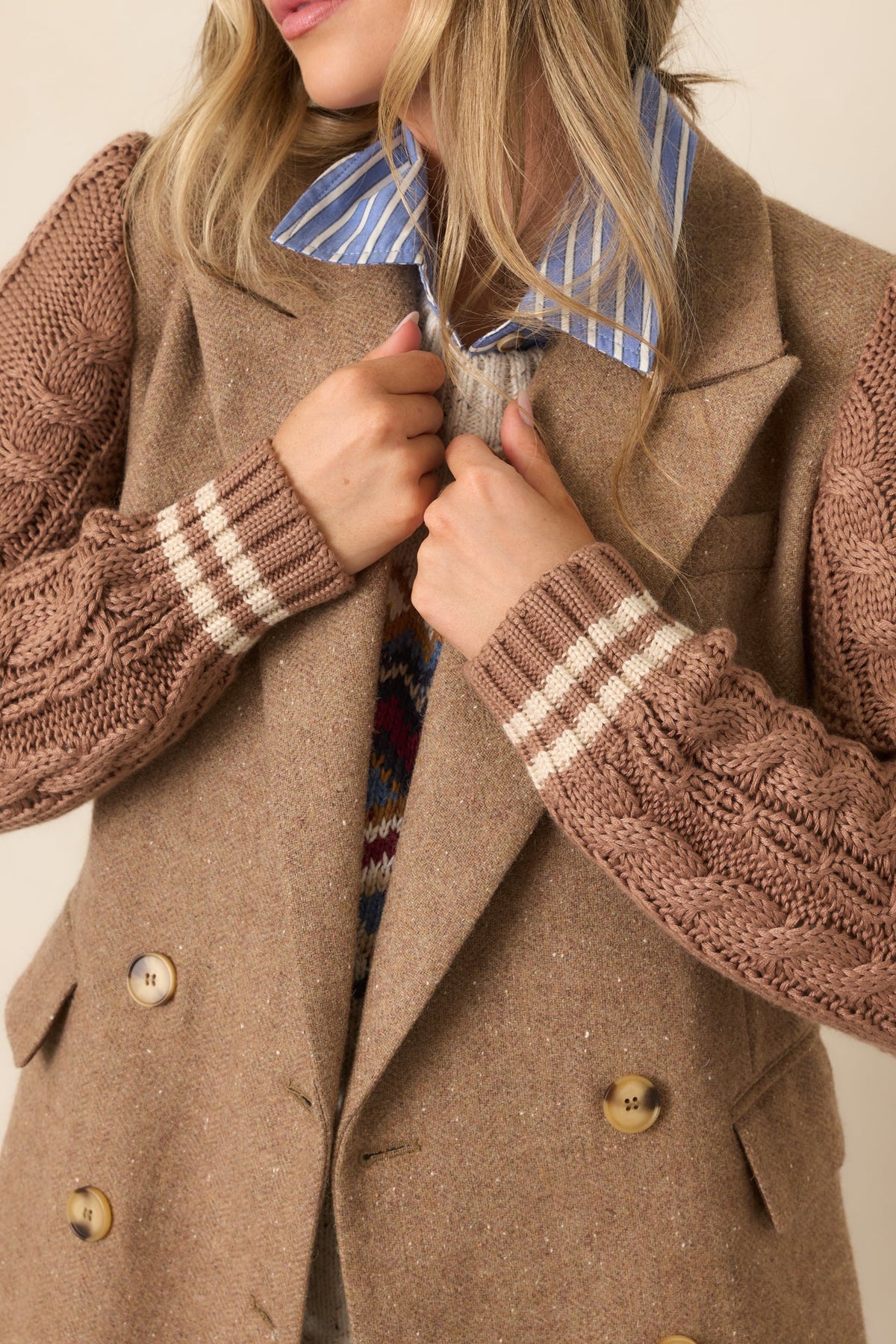 Camel Triko Kollu Yün Karışımlı Blazer
