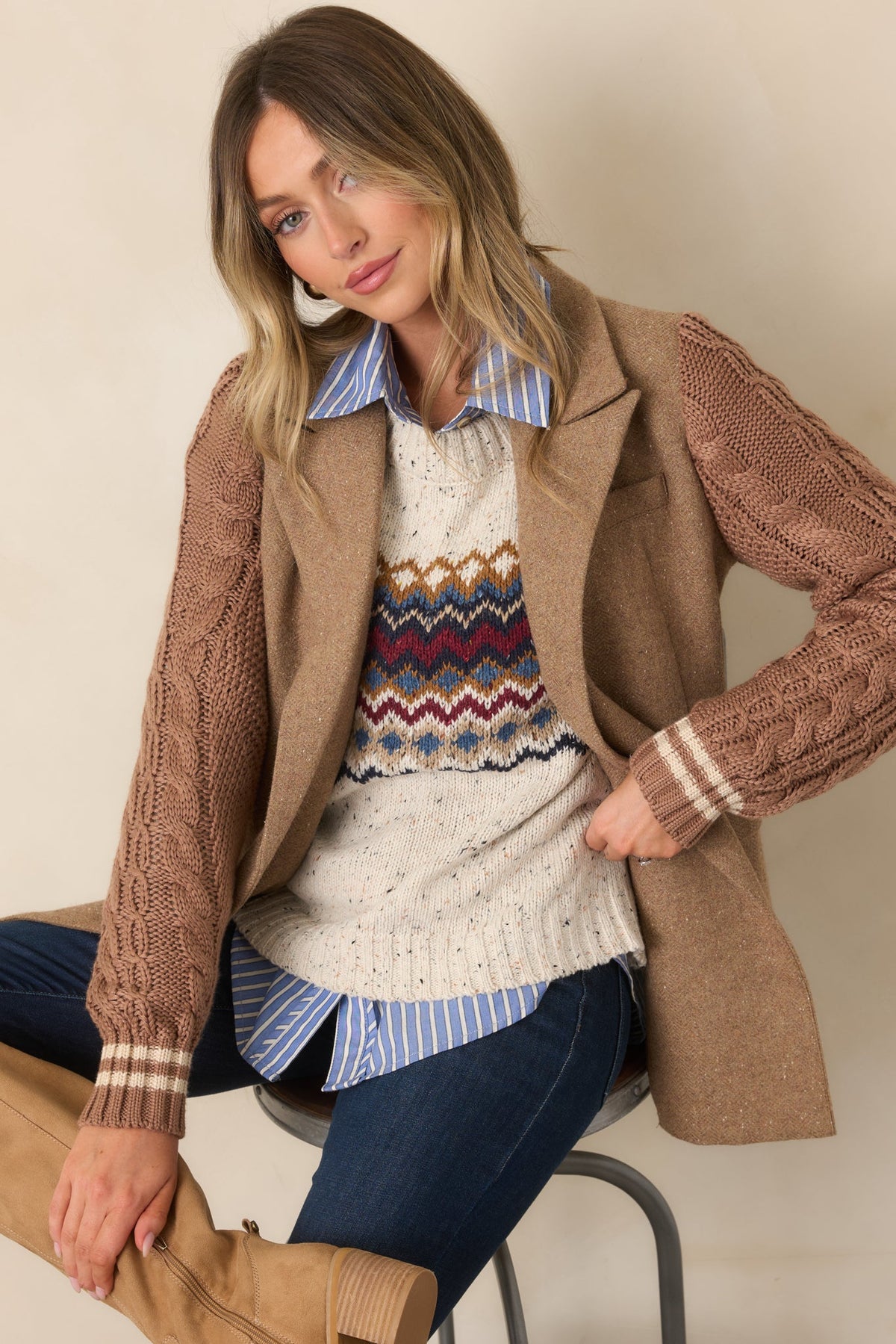Camel Triko Kollu Yün Karışımlı Blazer