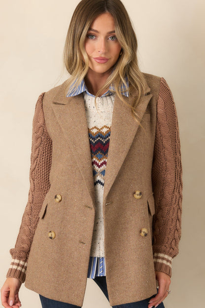 Camel Triko Kollu Yün Karışımlı Blazer