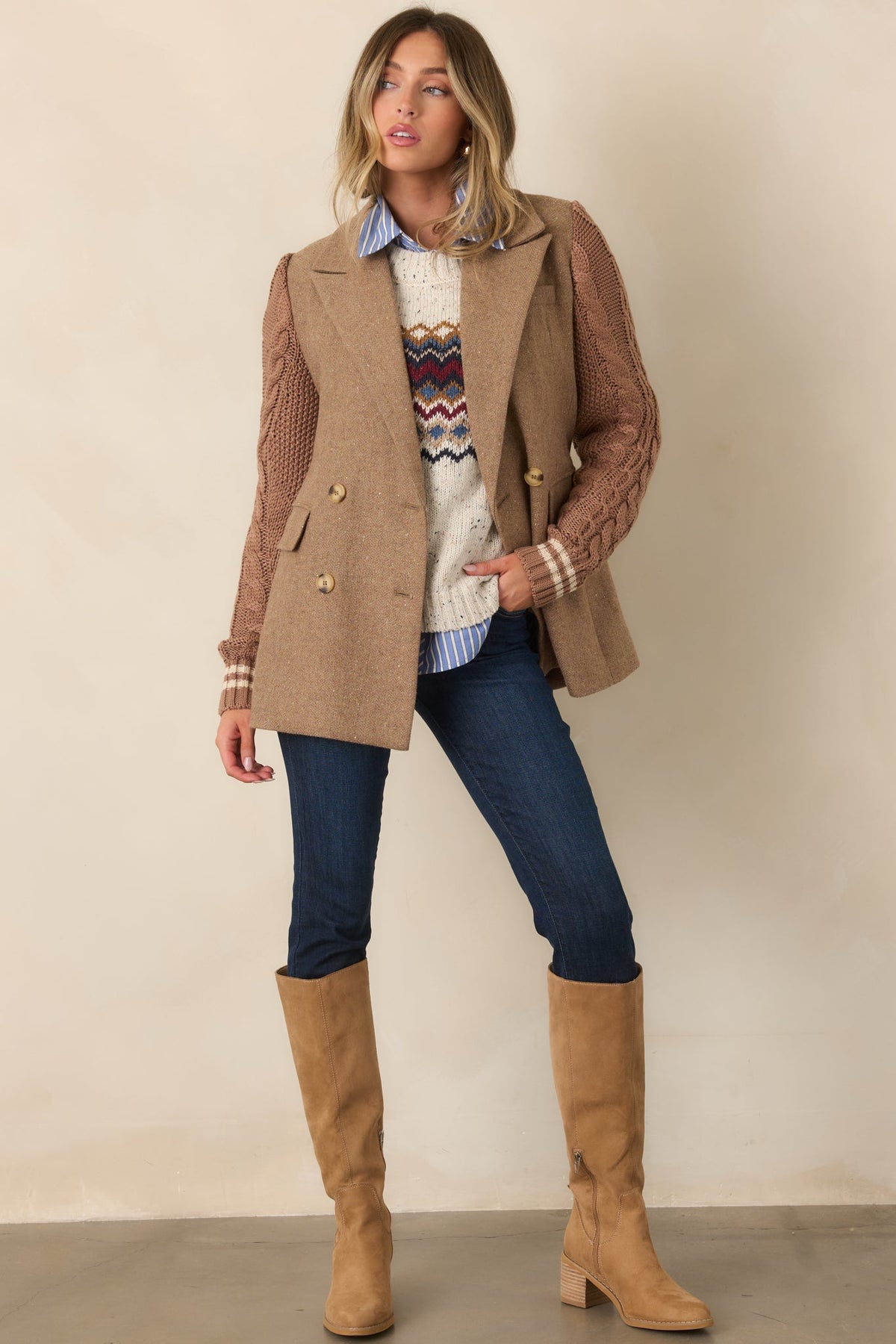 Camel Triko Kollu Yün Karışımlı Blazer