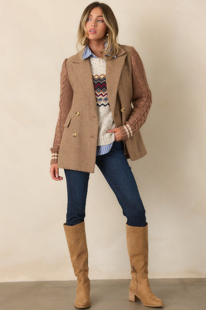 Camel Triko Kollu Yün Karışımlı Blazer