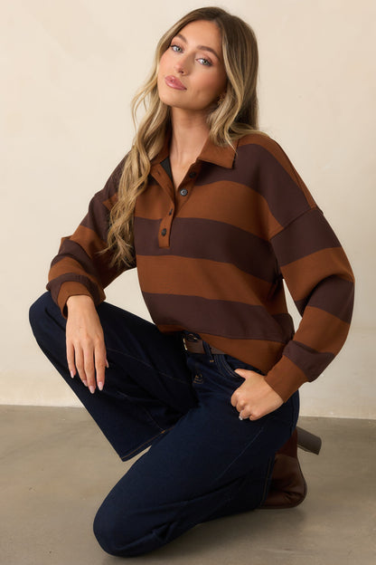 Karamel Kahverengi Çizgili Rugby Sweatshirt