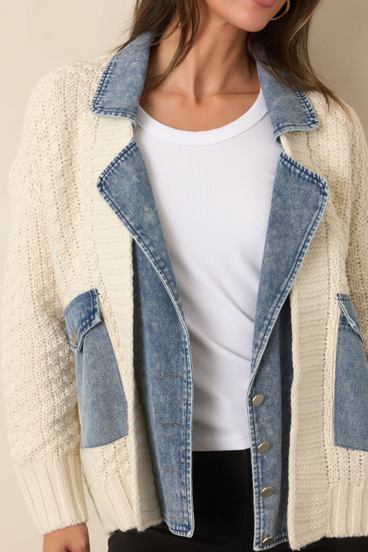 Ekru Triko Denim Detaylı Çıtçıtlı Ceket
