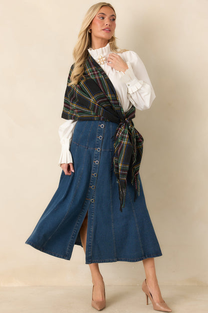 Koyu Mavi Önden Düğmeli Denim Midi Etek