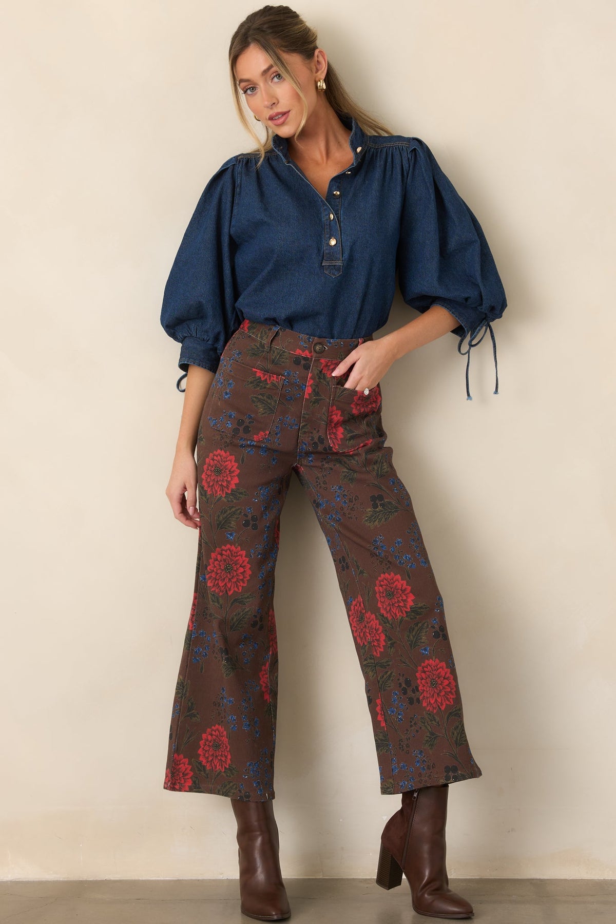 Koyu Mavi Balon Kollu Denim Bluz
