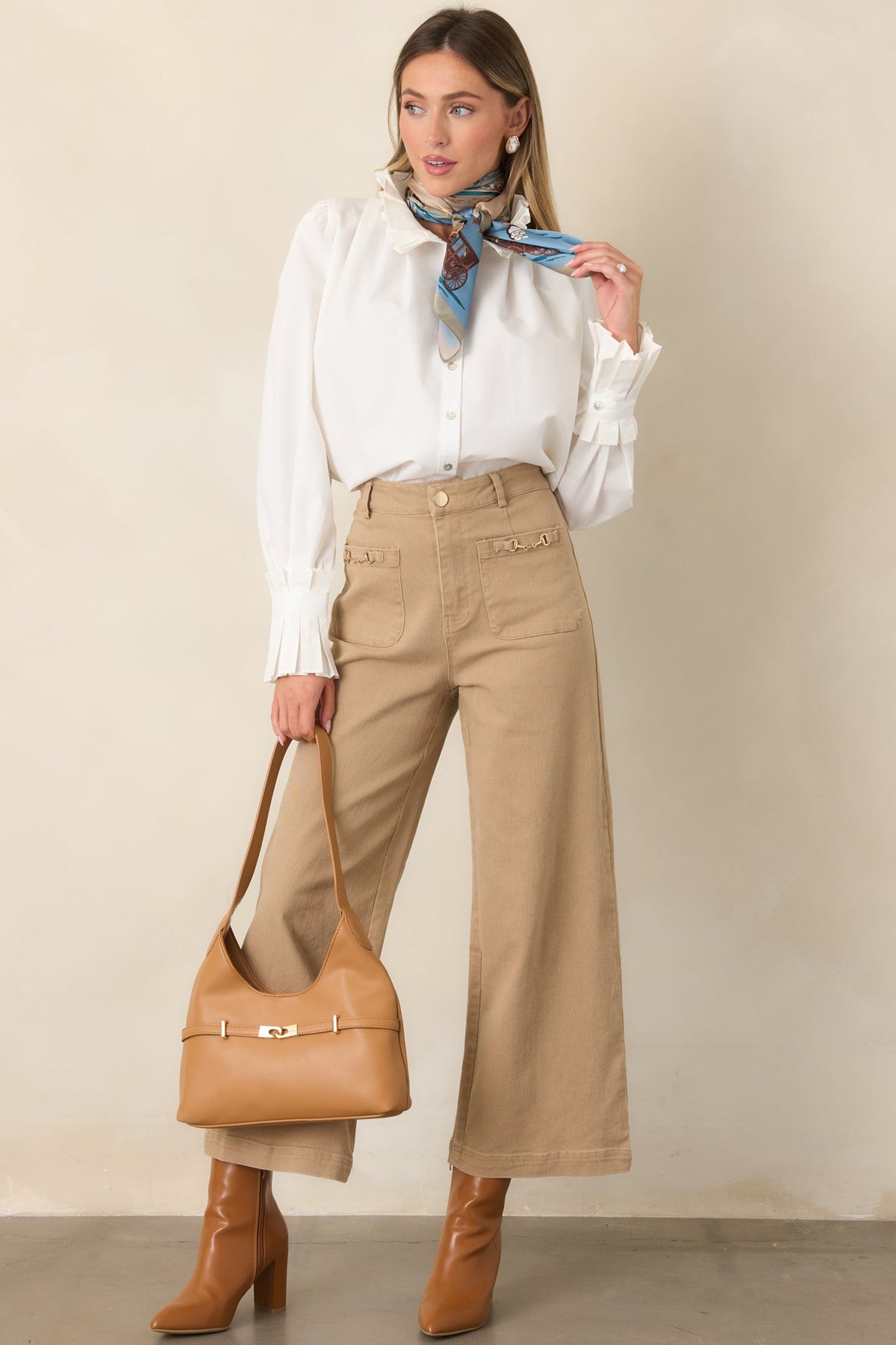 Camel At Figürlü Tokalı Bol Paça Denim Pantolon