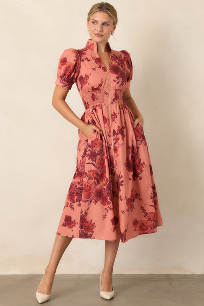 Mercan Bordo Çiçek Desenli Fermuarlı Pamuk Midi Elbise