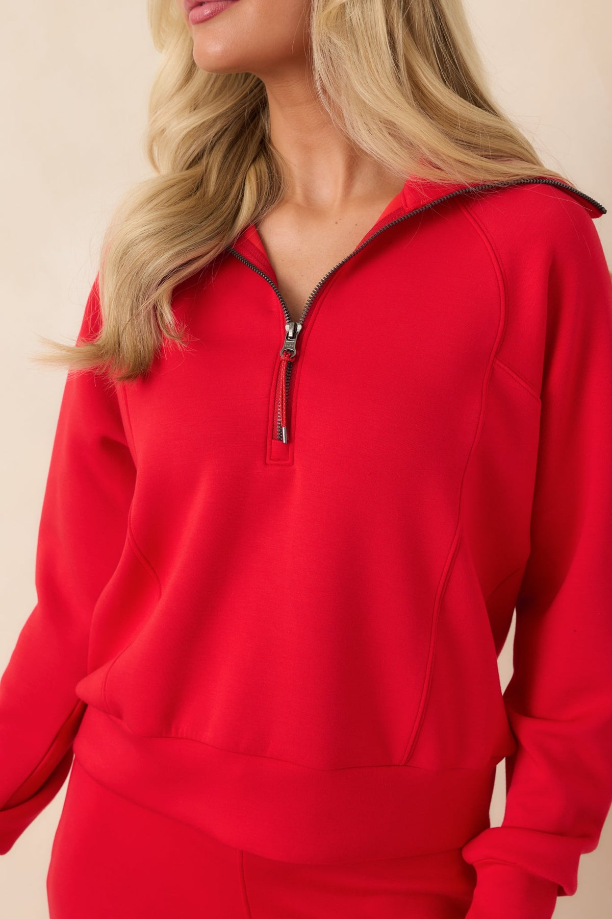 Kırmızı Yarım Fermuarlı Rahat Kesim Sweatshirt